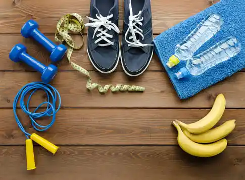 banana and exercising tools and sneakers=